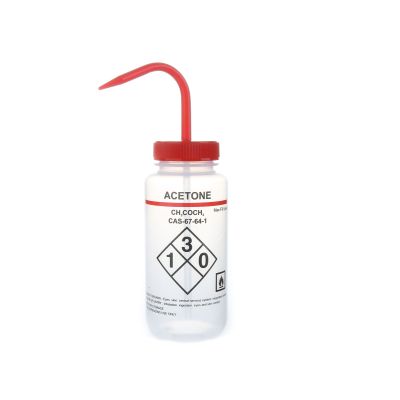 Wash Bottles Safety Labeled, Self Venting, Wide Mouth, 500mL, Acetone, Clear/Red