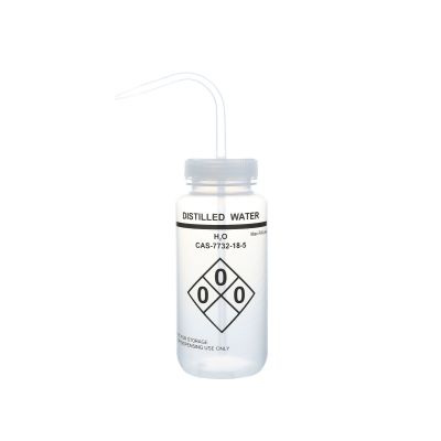 Wash Bottles Safety Labeled, Self Venting, Wide Mouth, 500mL, Distilled Water, Clear/Clear