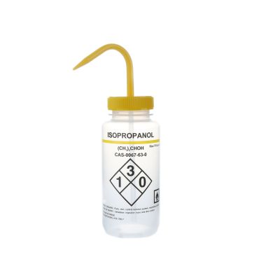 Wash Bottles Safety Labeled, Self Venting, Wide Mouth, 500mL, Isopropanol, Clear/Yellow