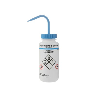 Wash Bottles Safety Labeled, Self Venting, Wide Mouth, 500mL, Sodium Hypochlorite, White/Blue