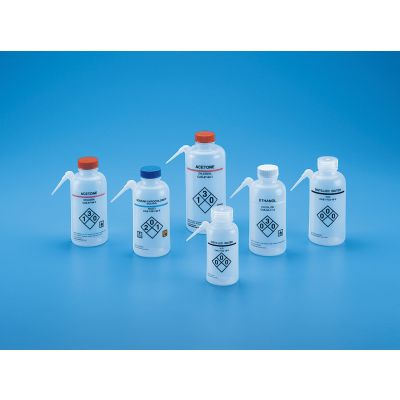 Wash Bottle LDPE Integral Side Spout Safety Labeled Vented-Methanol-250ml